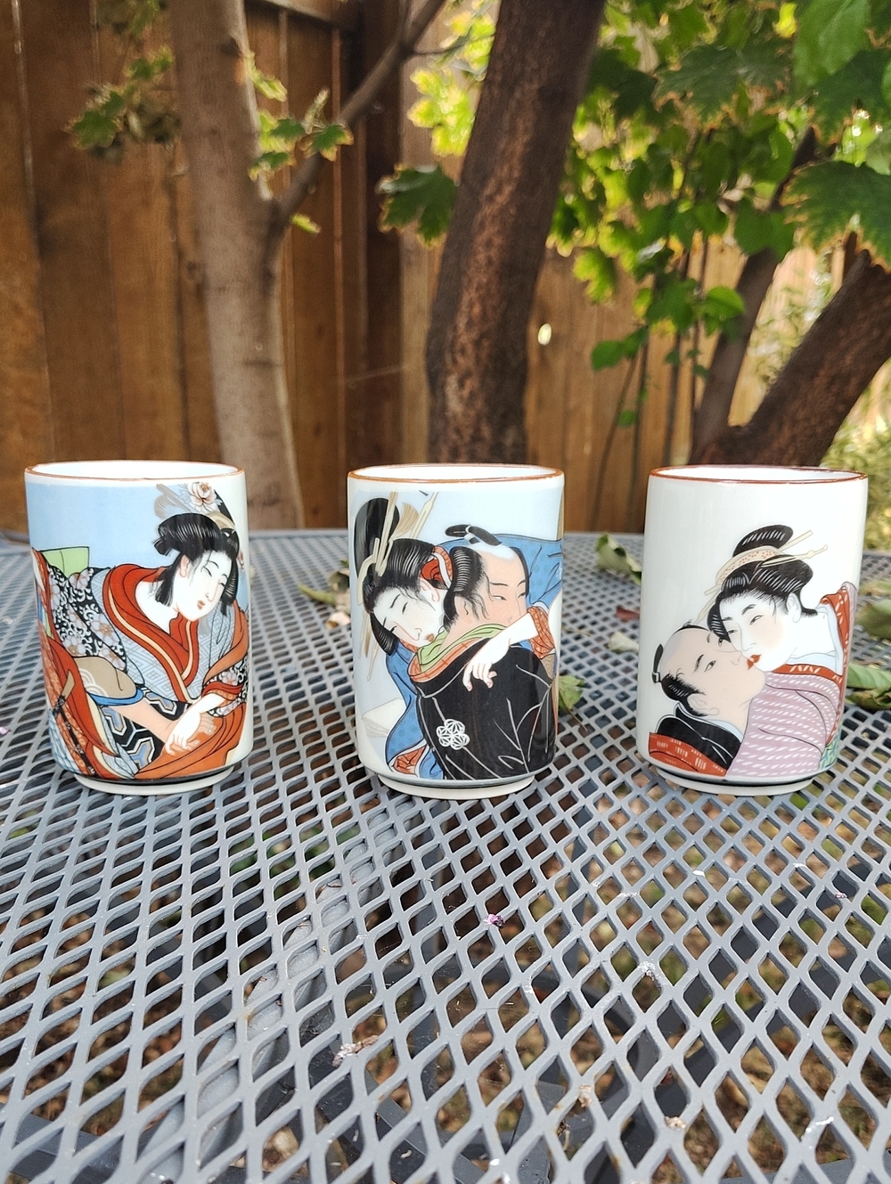 Vintage Porcelain Ukiyo-e Style Sake Mug Cups - Set of 3